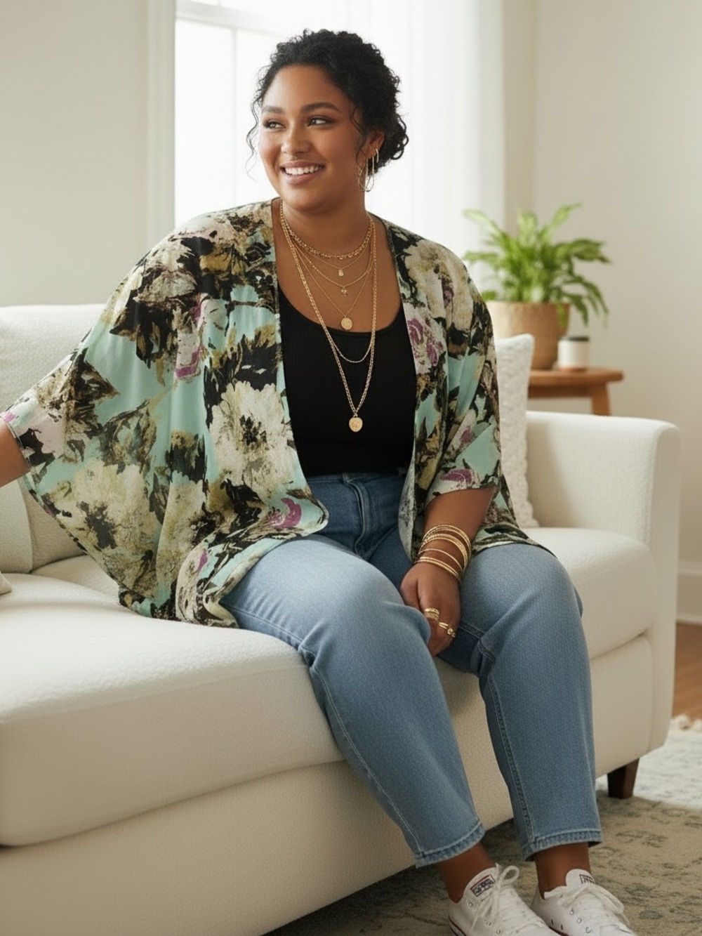 Floral Kimono Cardigan - Multi Green Floral, One Size